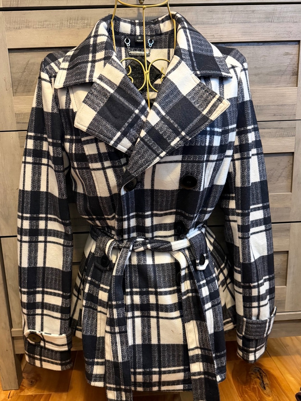 JouJou Plaid Belted Peacoat Jacket - Black & White